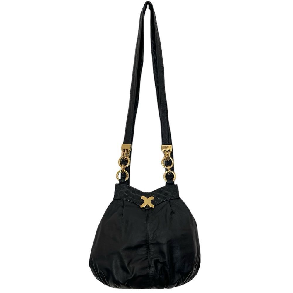 Dawli Vintage Black Leather Bag Slouchy Bucket Gold X Hardware Made in USA Purse